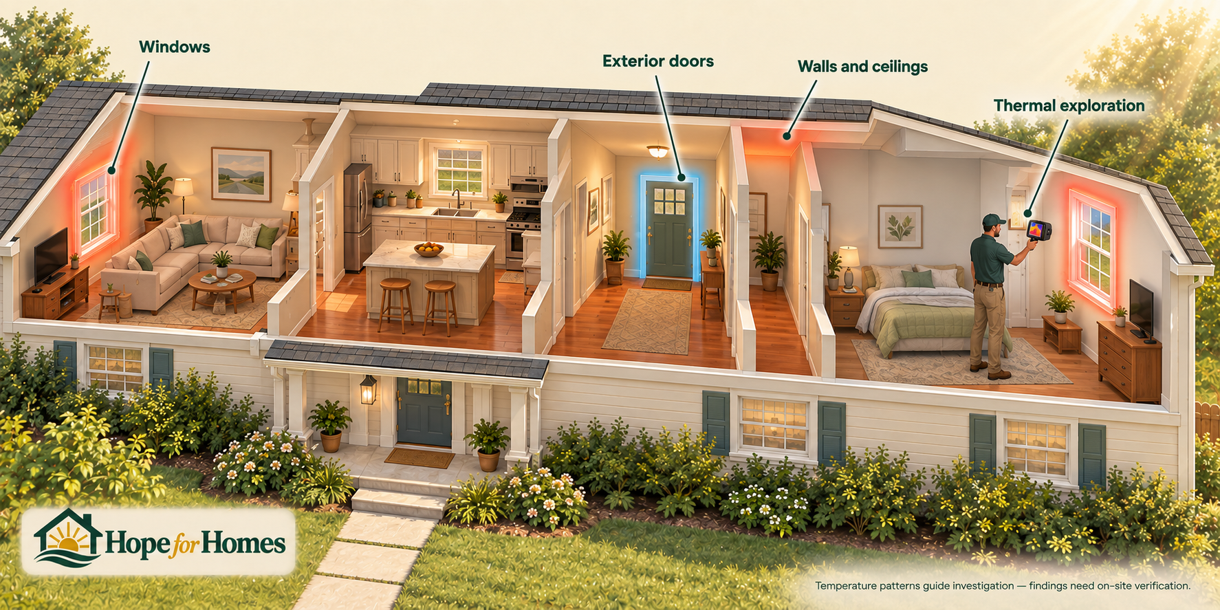 Handyman using a thermal camera in a cutaway home, with colored temperature patterns around windows, an exterior door, and a wall-ceiling junction.