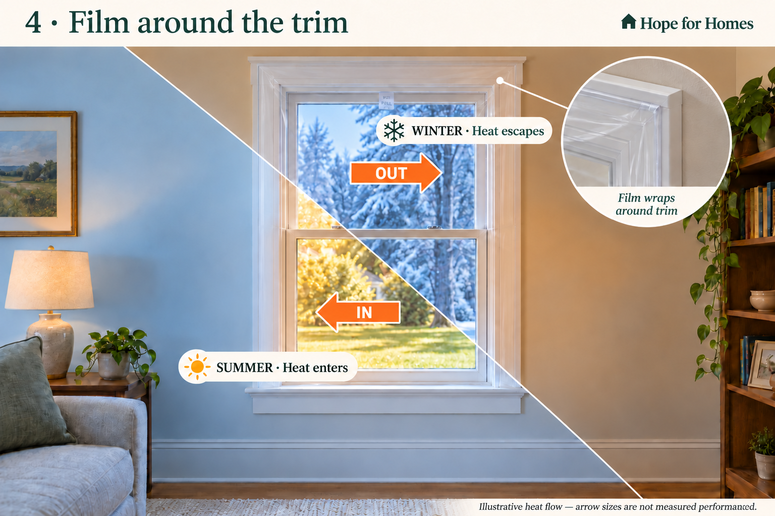 Film around the trim — winter and summer concept showing illustrative heat transfer