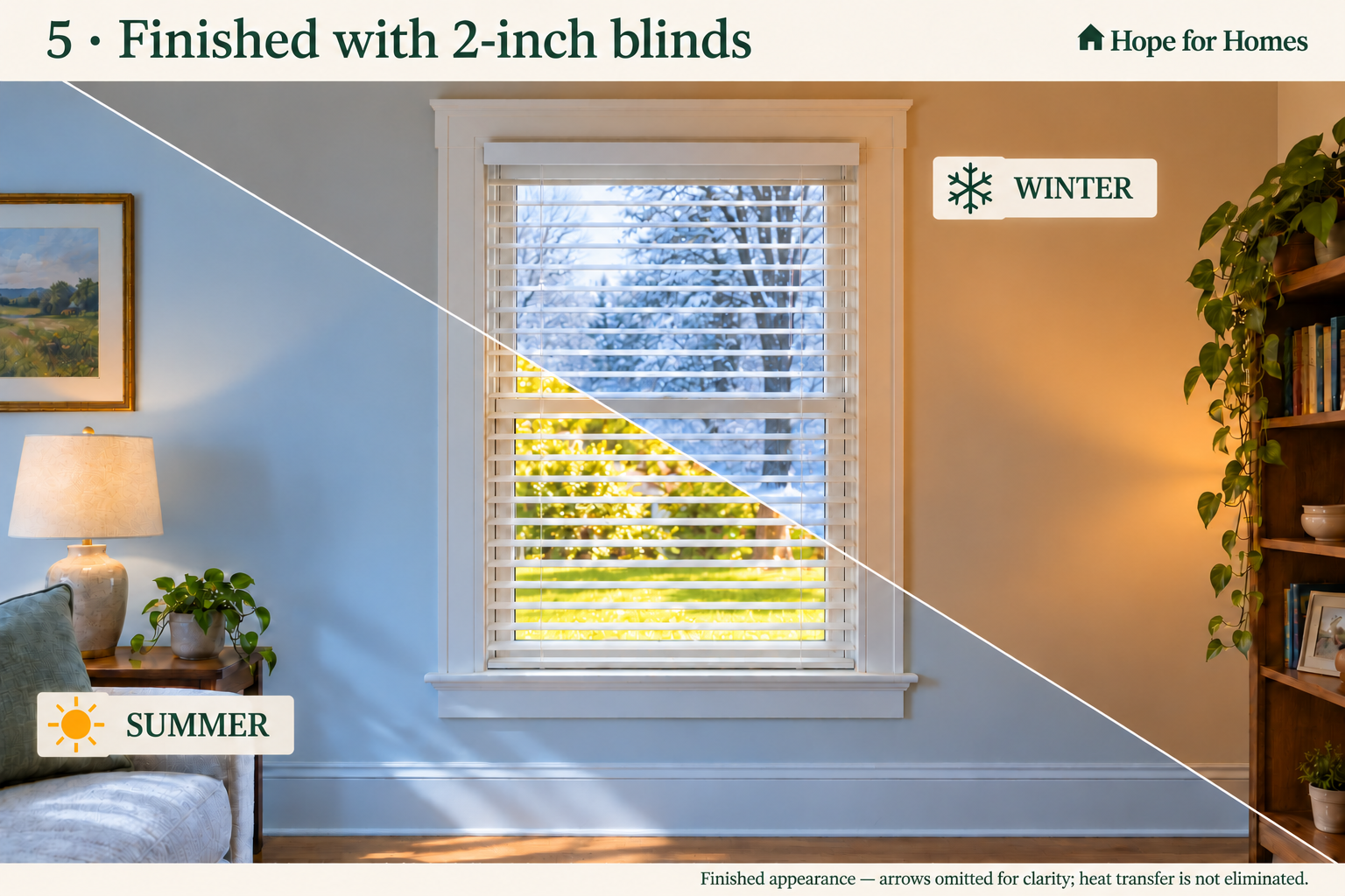 Finished with 2-inch blinds — winter and summer concept showing illustrative heat transfer